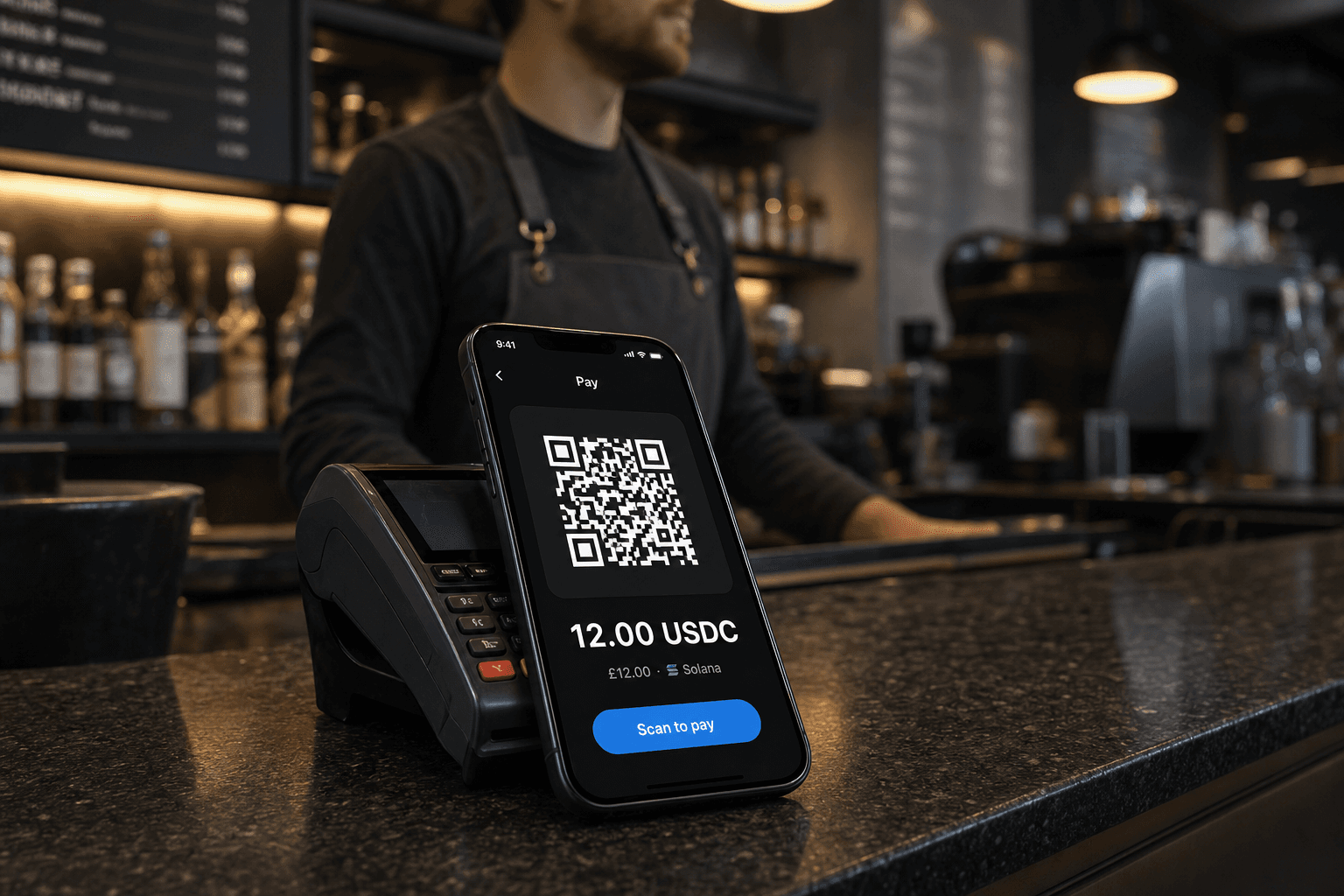 A barista standing behind a counter with a phone showing the Saref payment QR